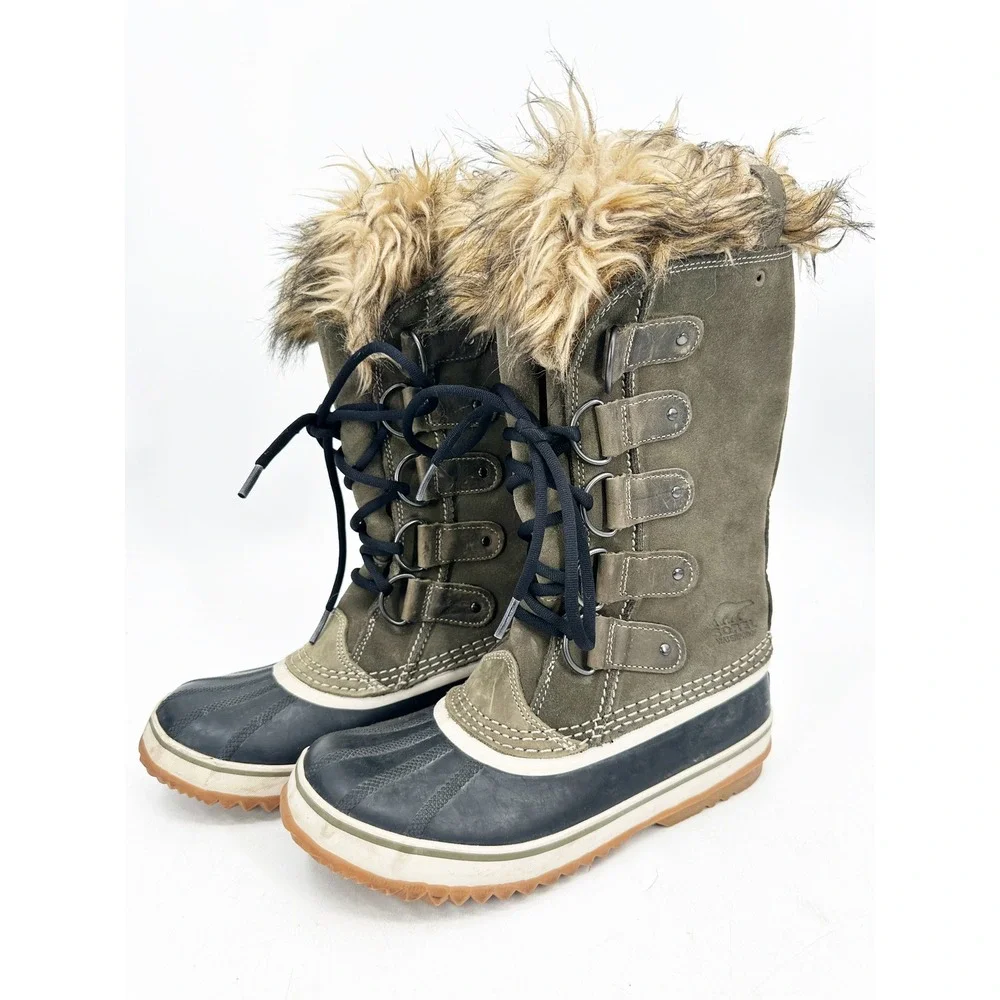 Sorel Joan of Arctic Boots Women 8 Nori Green Waterproof Snow Winter Faux Fur